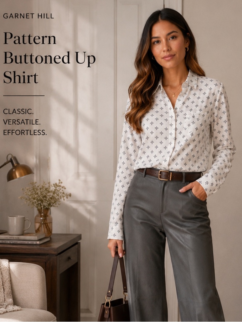NWT Garnet Hill White Patterned Button-Up Shirt Organic Cotton US10
Preppy